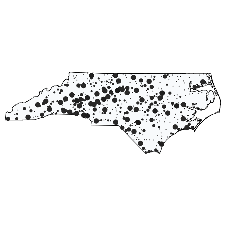 A map showing all Dollar General locations in North Carolina