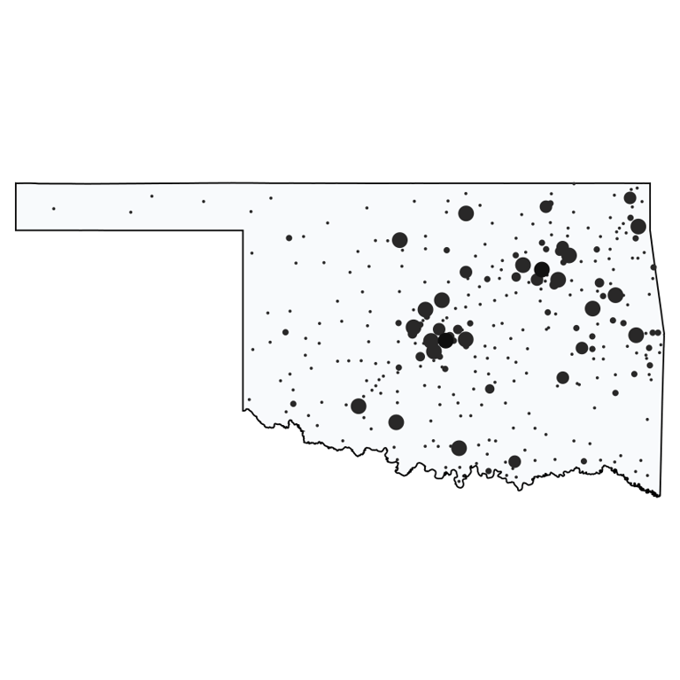 A map showing all Dollar General locations in Oklahoma