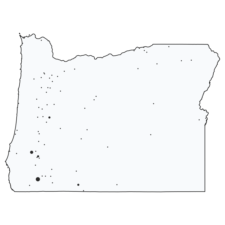 A map showing all Dollar General locations in Oregon