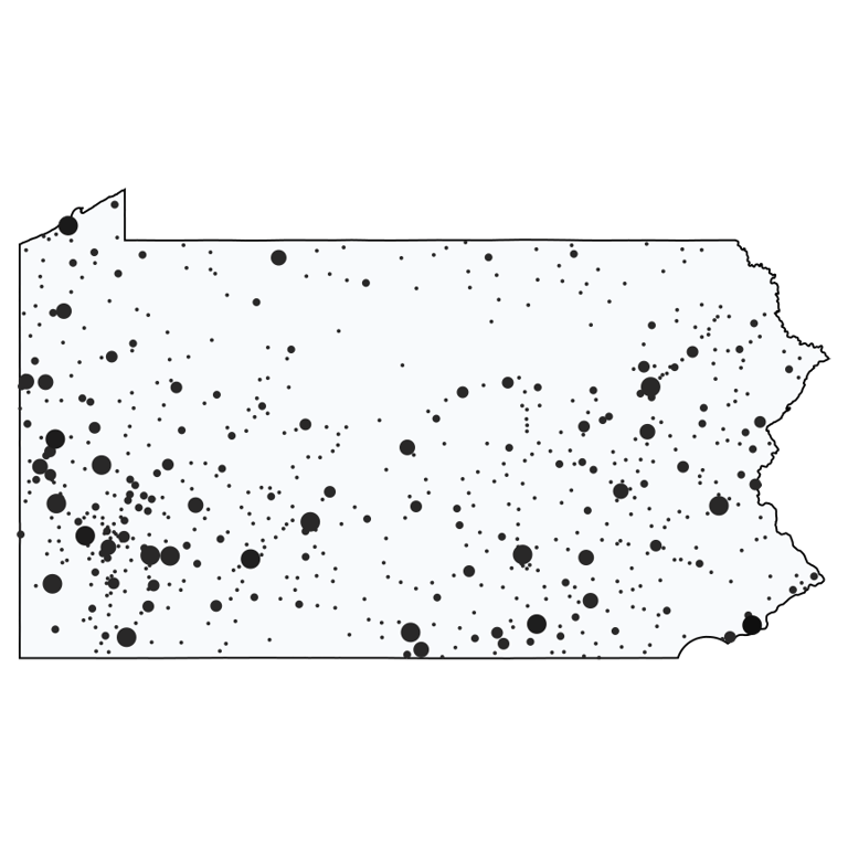 A map showing all Dollar General locations in Pennsylvania