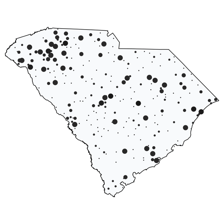 A map showing all Dollar General locations in South Carolina