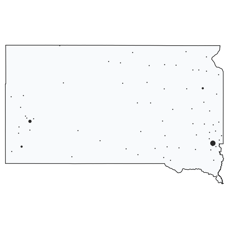 A map showing all Dollar General locations in South Dakota