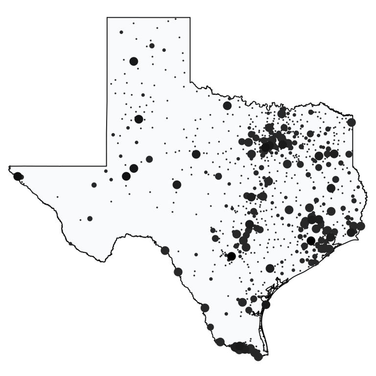 A map showing all Dollar General locations in Texas