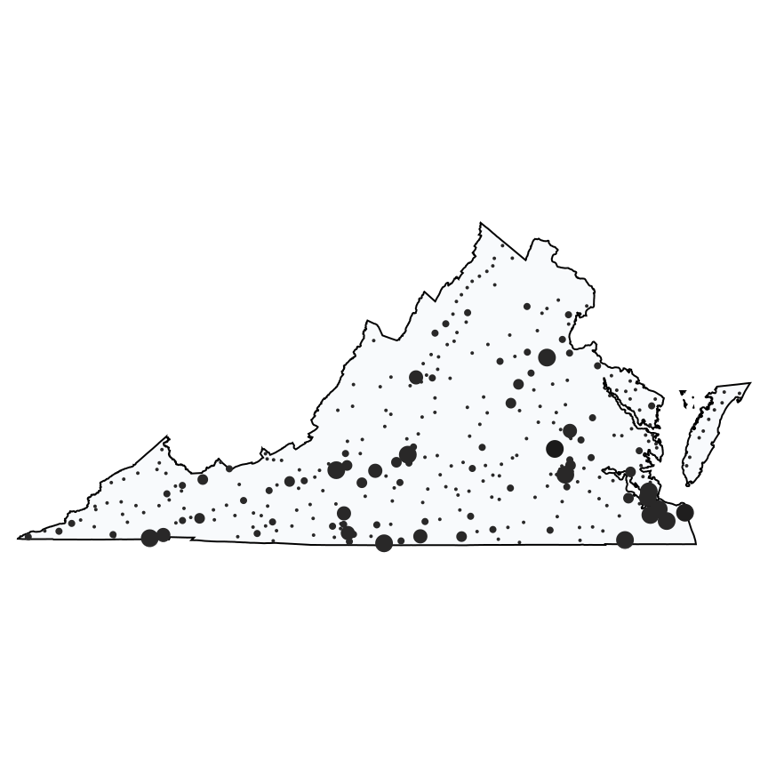 A map showing all Dollar General locations in Virginia