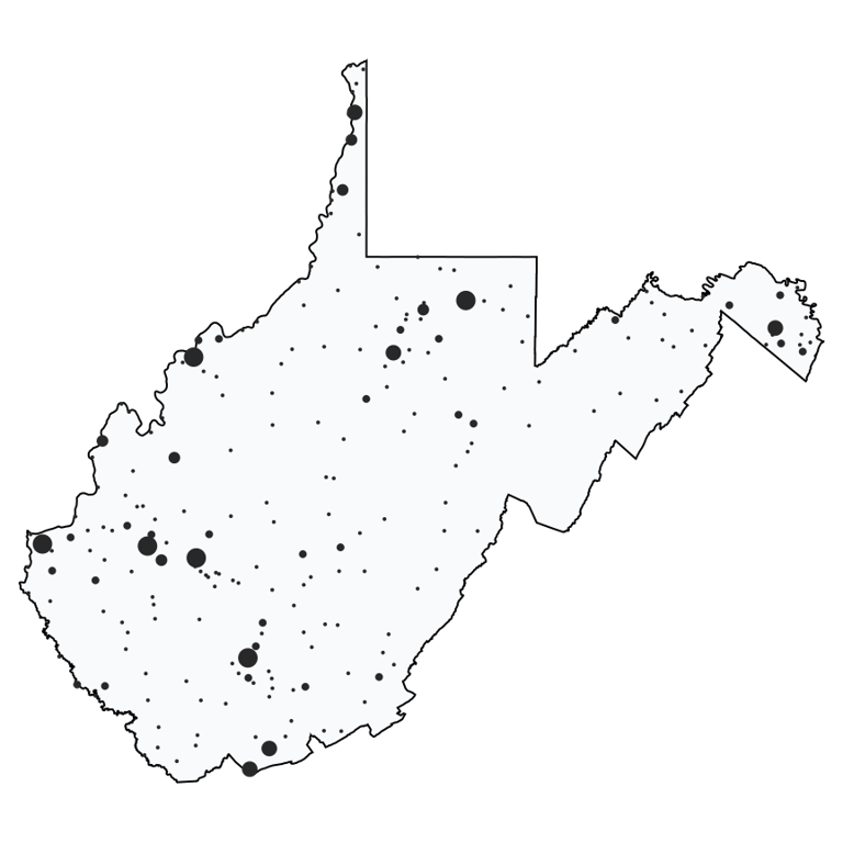 A map showing all Dollar General locations in West Virginia