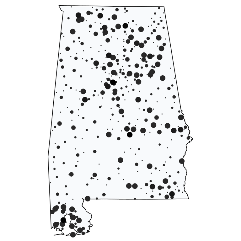 A map showing all Dollar Stores and Deep Discount Stores locations in Alabama