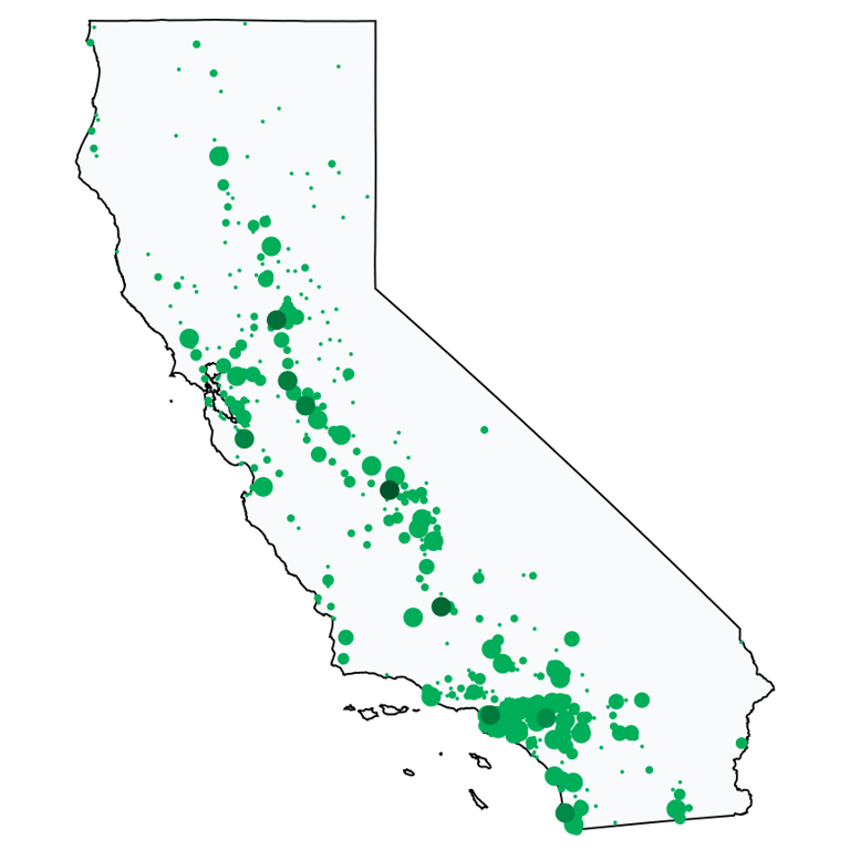 A map showing all Dollar Stores and Deep Discount Stores locations in California