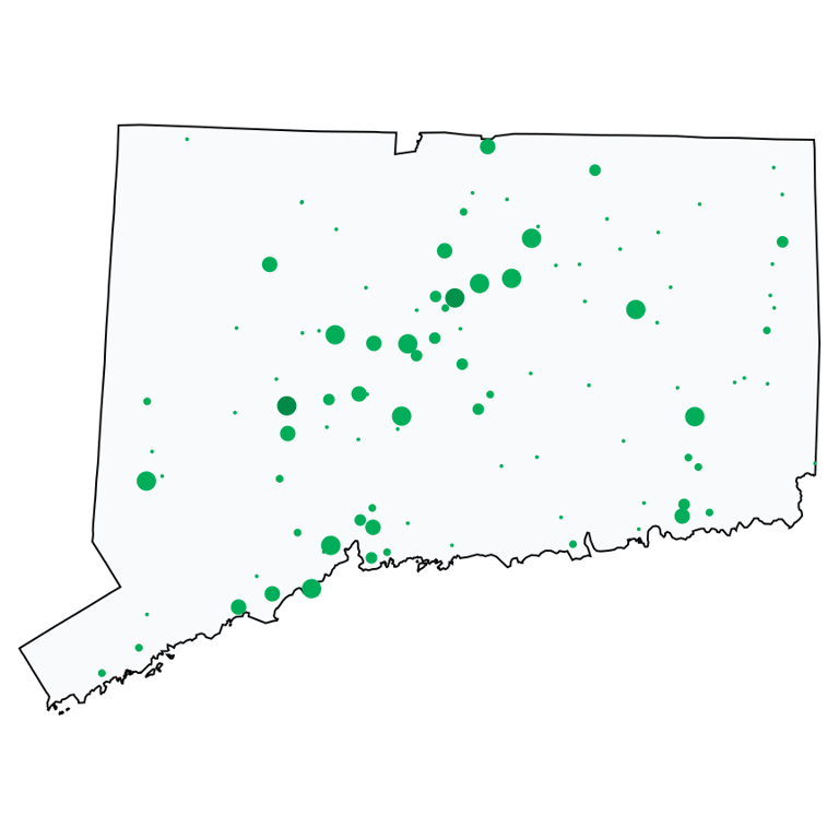 A map showing all Dollar Stores and Deep Discount Stores locations in Connecticut