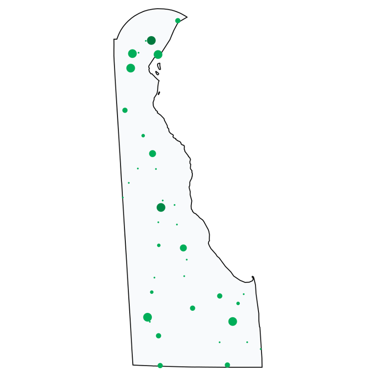 A map showing all Dollar Stores and Deep Discount Stores locations in Delaware