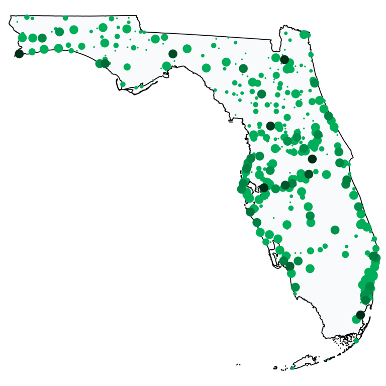 A map showing all Dollar Stores and Deep Discount Stores locations in Florida