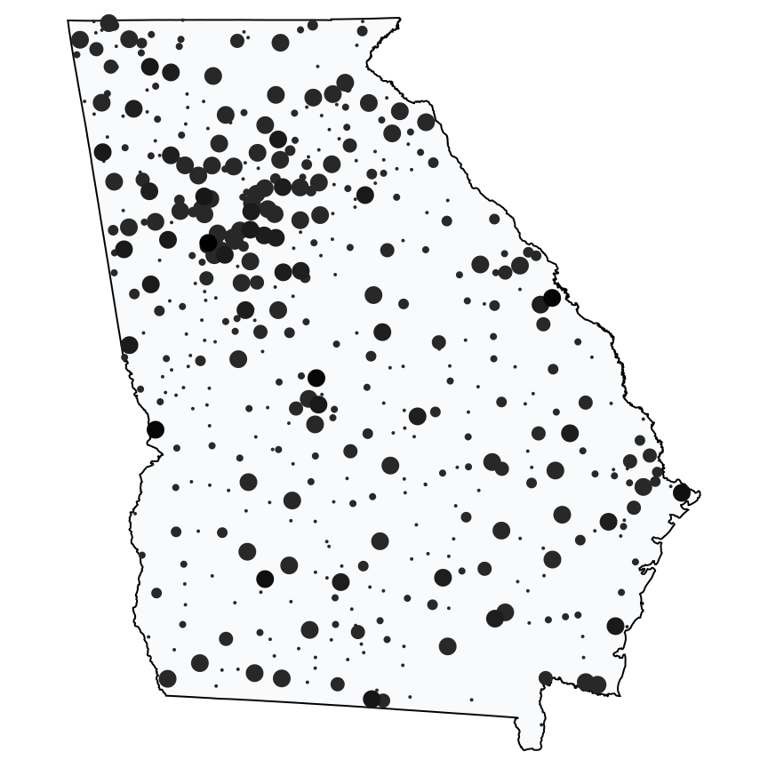 A map showing all Dollar Stores and Deep Discount Stores locations in Georgia