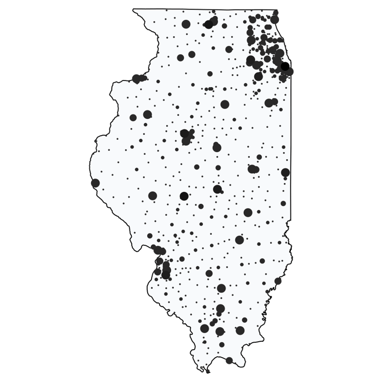 A map showing all Dollar Stores and Deep Discount Stores locations in Illinois