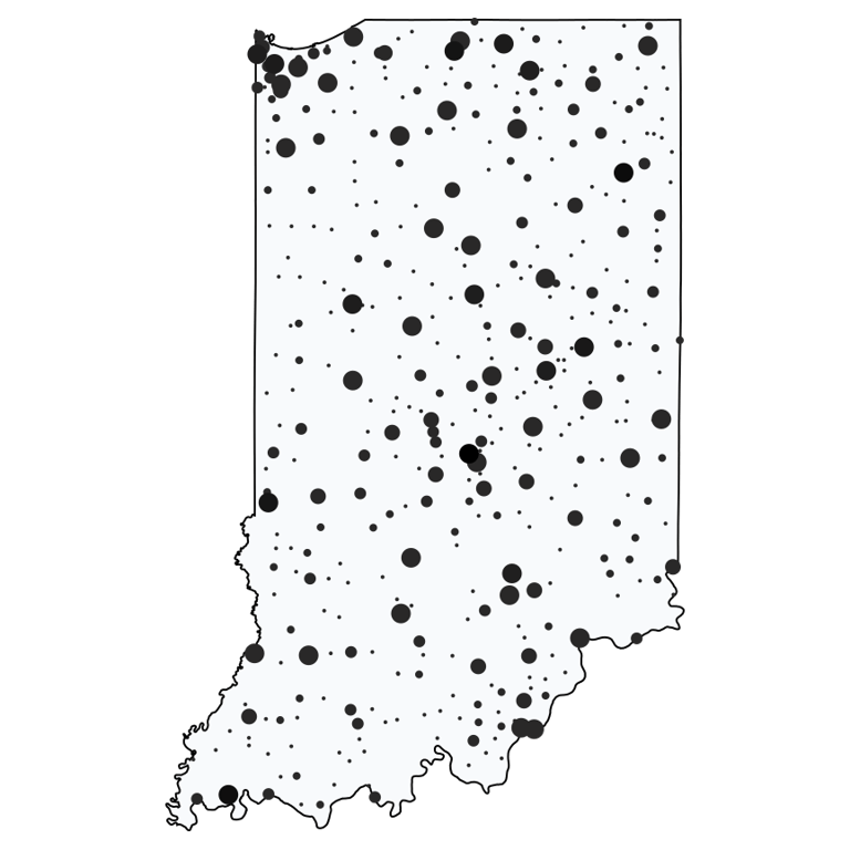 A map showing all Dollar Stores and Deep Discount Stores locations in Indiana