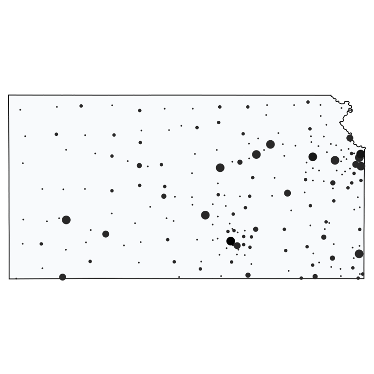 A map showing all Dollar Stores and Deep Discount Stores locations in Kansas