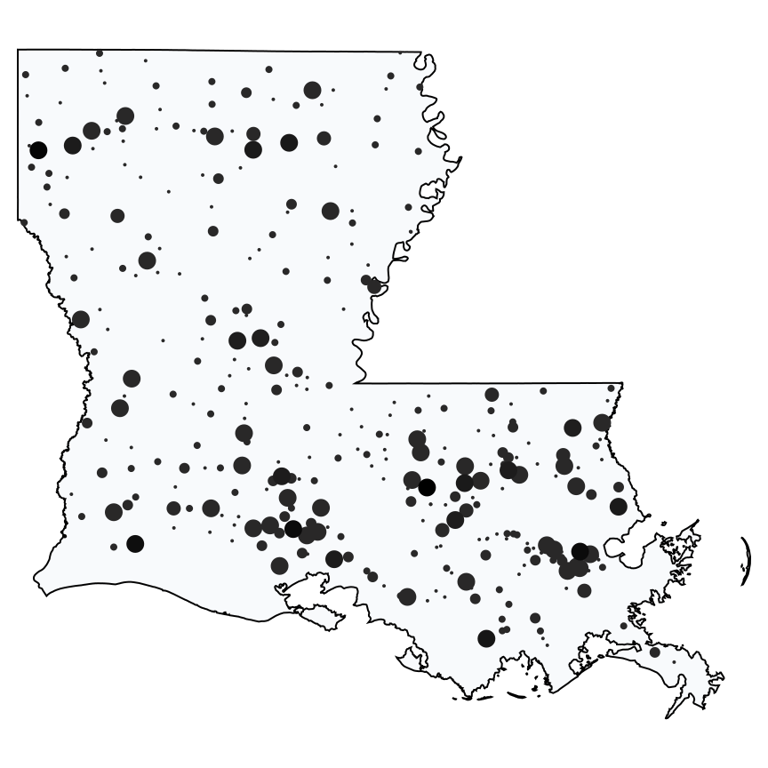 A map showing all Dollar Stores and Deep Discount Stores locations in Louisiana