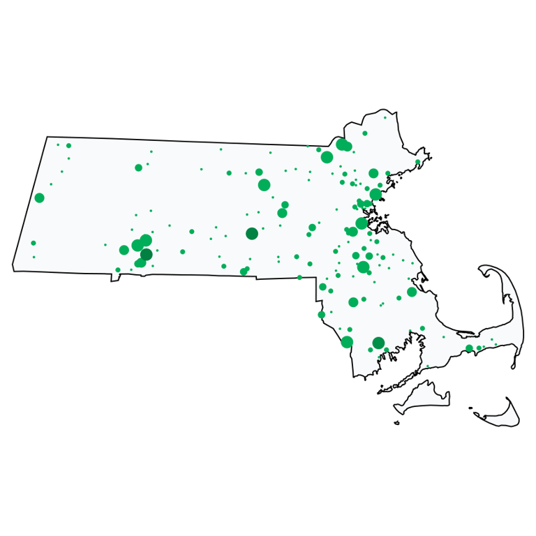 A map showing all Dollar Stores and Deep Discount Stores locations in Massachusetts