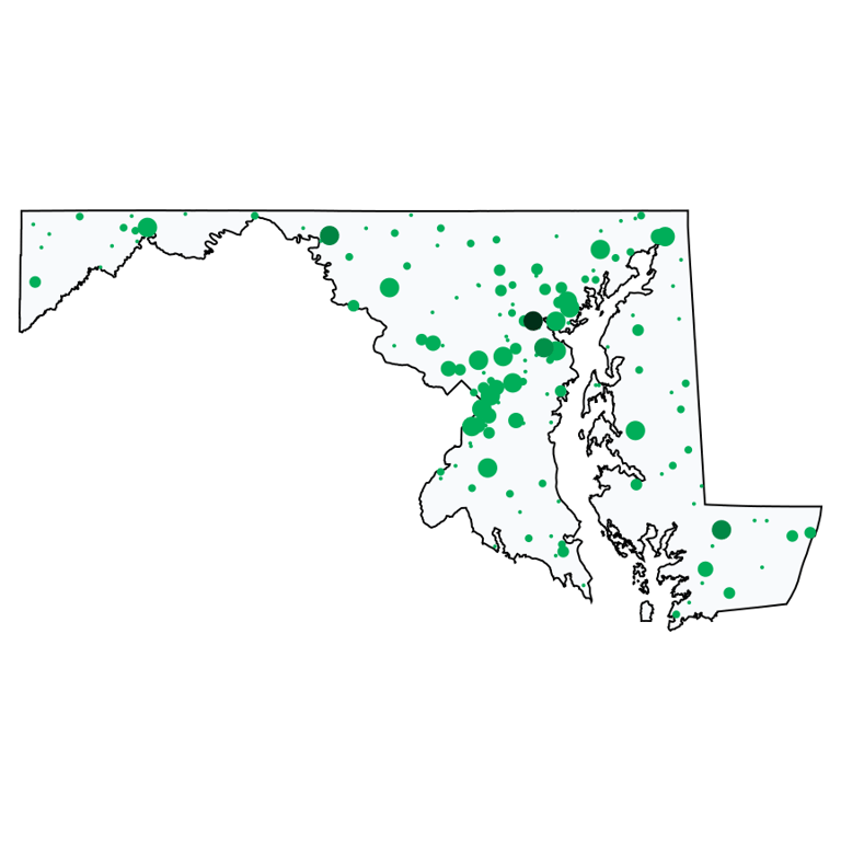 A map showing all Dollar Stores and Deep Discount Stores locations in Maryland