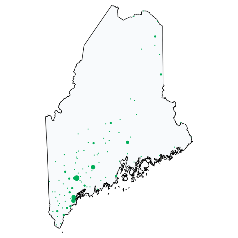 A map showing all Dollar Stores and Deep Discount Stores locations in Maine