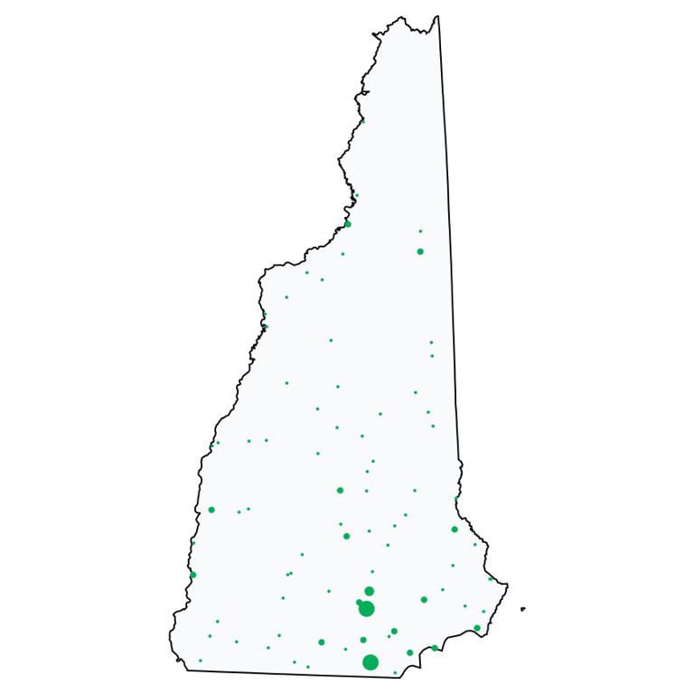 A map showing all Dollar Stores and Deep Discount Stores locations in New Hampshire