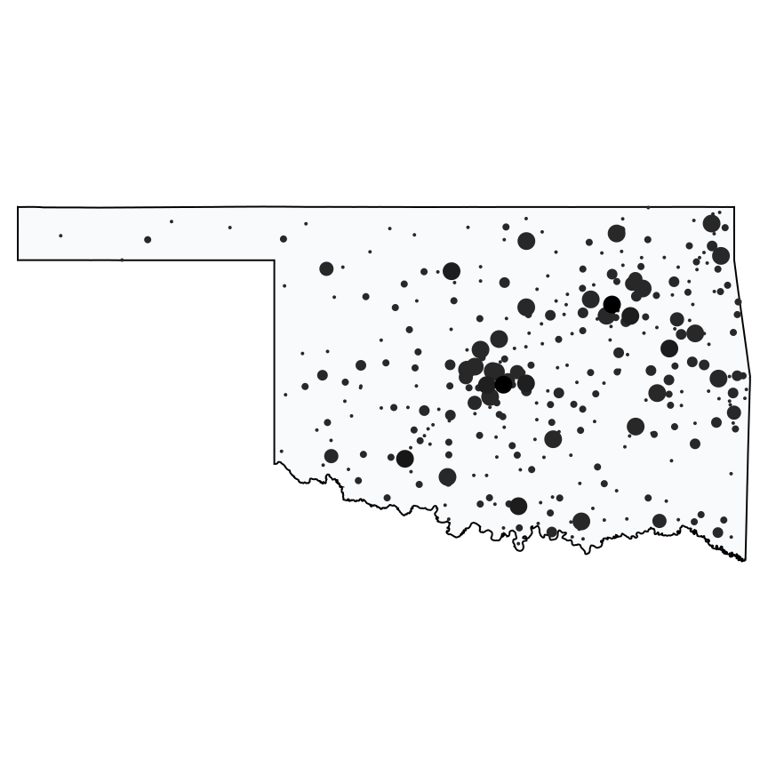 A map showing all Dollar Stores and Deep Discount Stores locations in Oklahoma