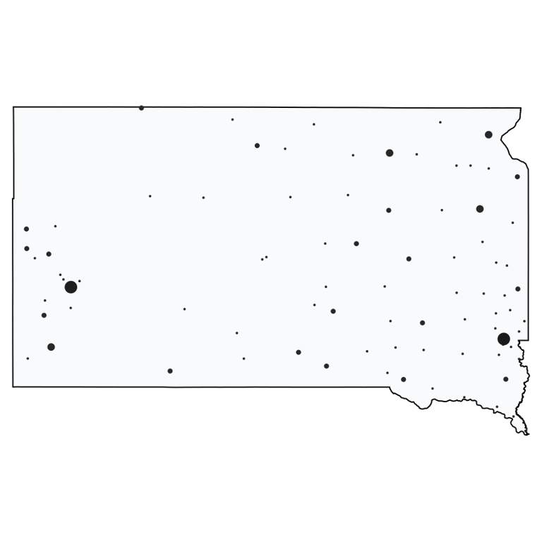 A map showing all Dollar Stores and Deep Discount Stores locations in South Dakota