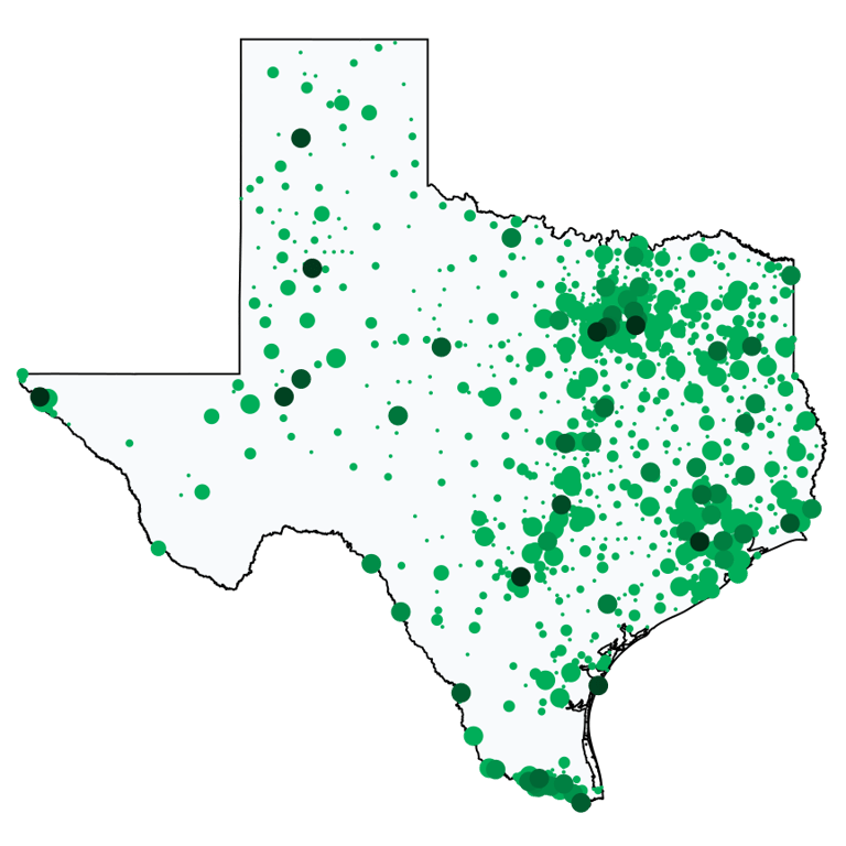 A map showing all Dollar Stores and Deep Discount Stores locations in Texas