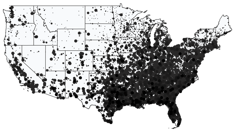 A map showing all Dollar Stores and Deep Discount Stores locations in the United States