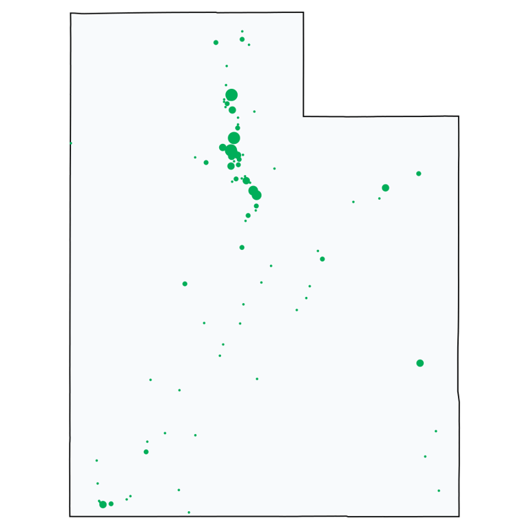 A map showing all Dollar Stores and Deep Discount Stores locations in Utah