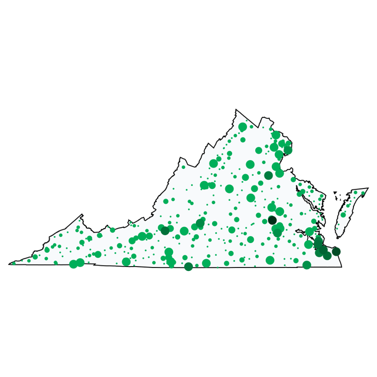 A map showing all Dollar Stores and Deep Discount Stores locations in Virginia