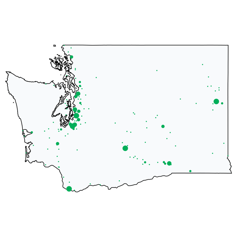 A map showing all Dollar Stores and Deep Discount Stores locations in Washington