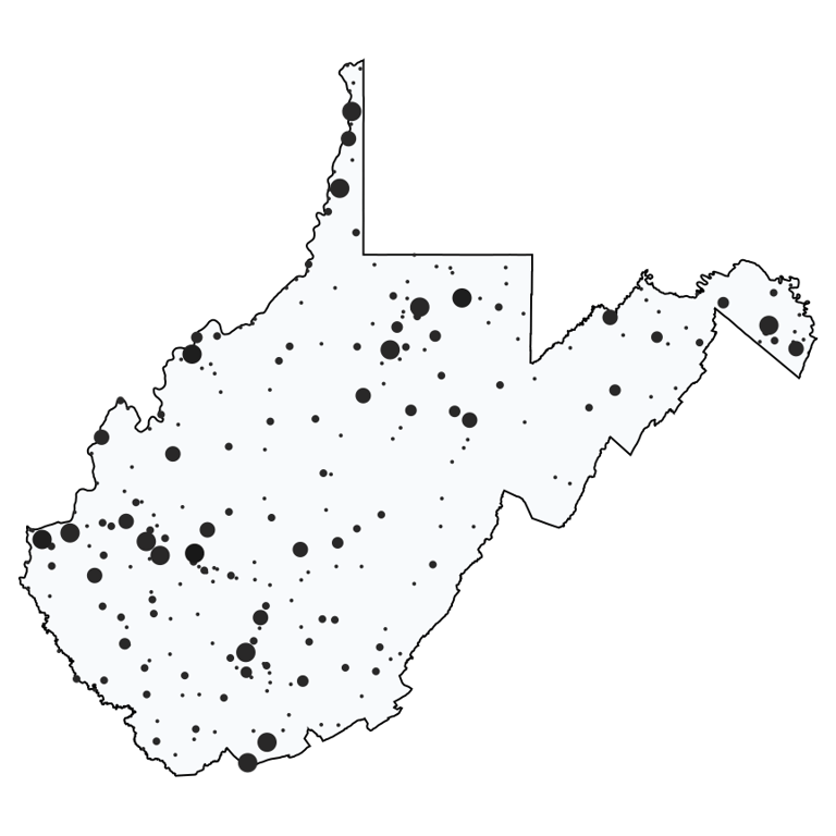 A map showing all Dollar Stores and Deep Discount Stores locations in West Virginia