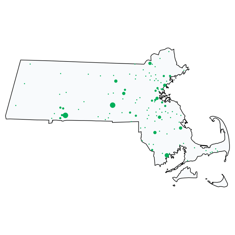 A map showing all Dollar Tree locations in Massachusetts