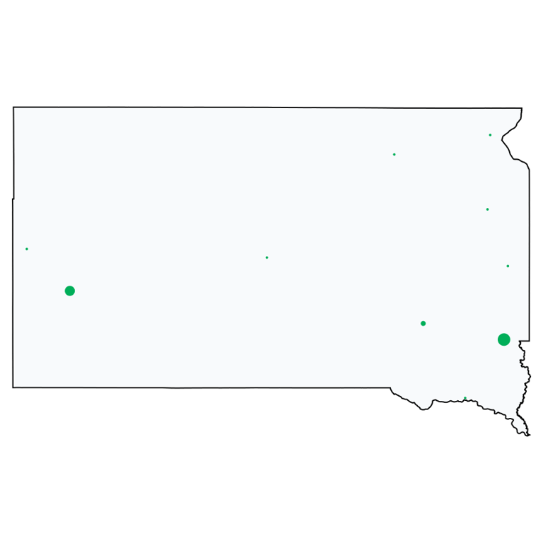 A map showing all Dollar Tree locations in South Dakota