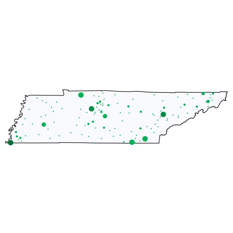 A map showing all Dollar Tree locations in Tennessee