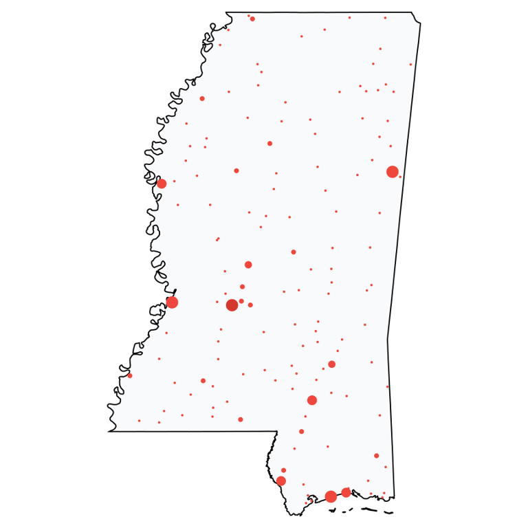 A map showing all Family Dollar locations in Mississippi