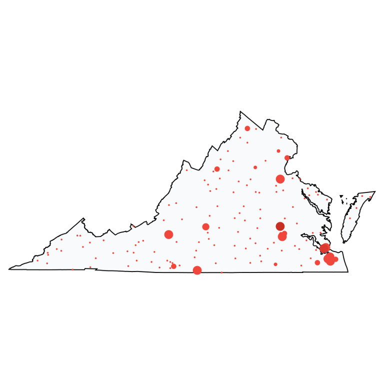 A map showing all Family Dollar locations in Virginia