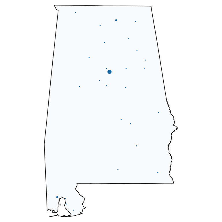 A map showing all Five Below locations in Alabama