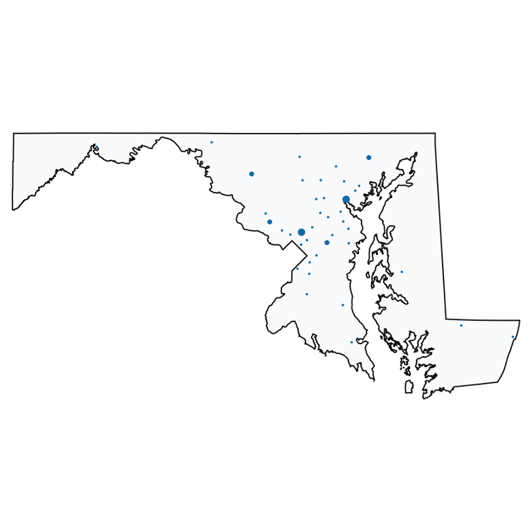 A map showing all Five Below locations in Maryland