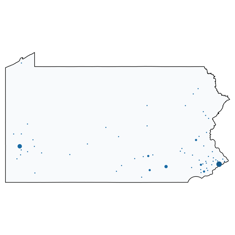 A map showing all Five Below locations in Pennsylvania