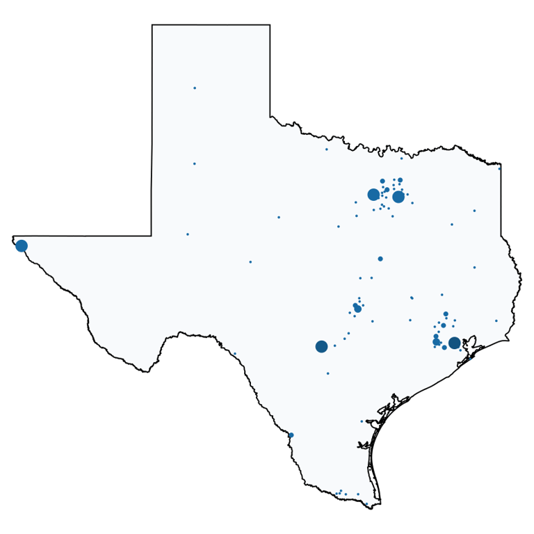 A map showing all Five Below locations in Texas