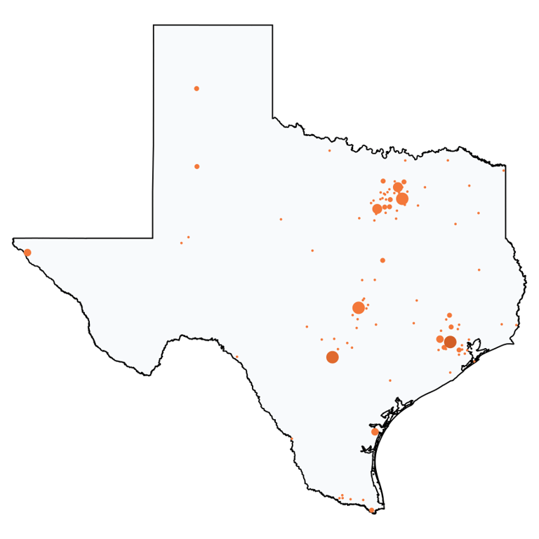 A map showing all Home Depot locations in Texas