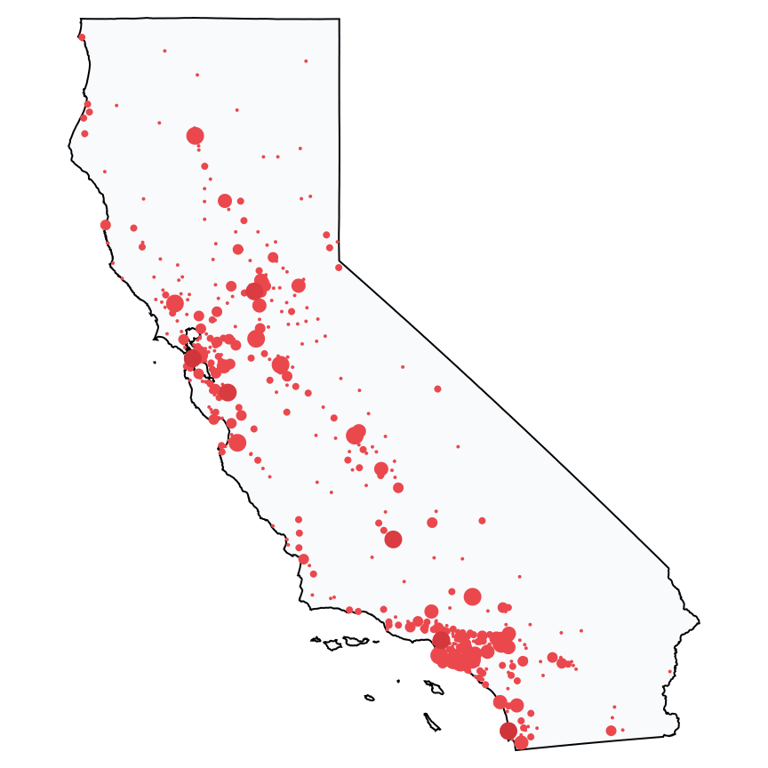 A map showing all Home Improvement Stores locations in California