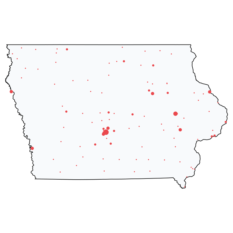 A map showing all Home Improvement Stores locations in Iowa