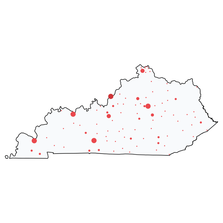 A map showing all Home Improvement Stores locations in Kentucky