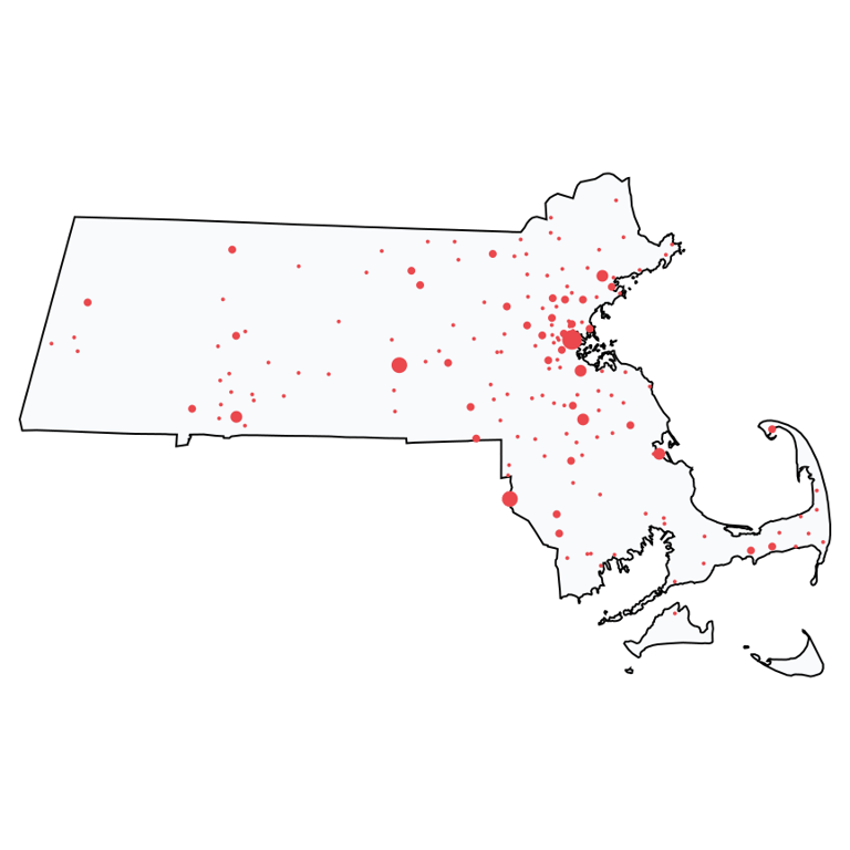 A map showing all Home Improvement Stores locations in Massachusetts