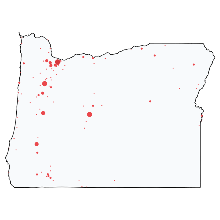 A map showing all Home Improvement Stores locations in Oregon