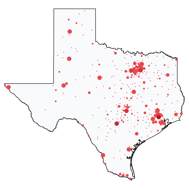 A map showing all Home Improvement Stores locations in Texas