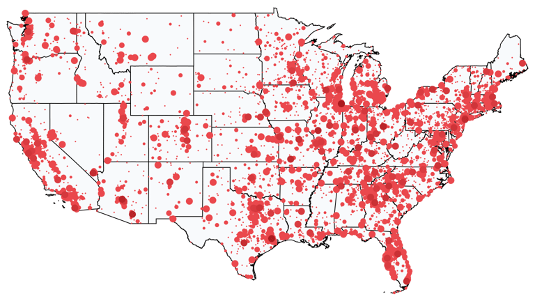 A map showing all Home Improvement Stores locations in the United States