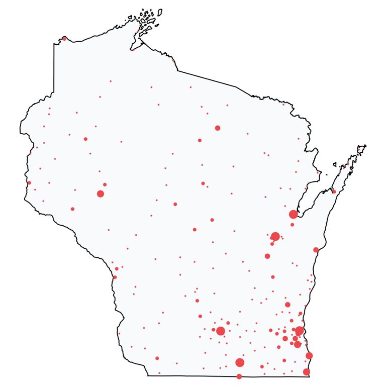 A map showing all Home Improvement Stores locations in Wisconsin