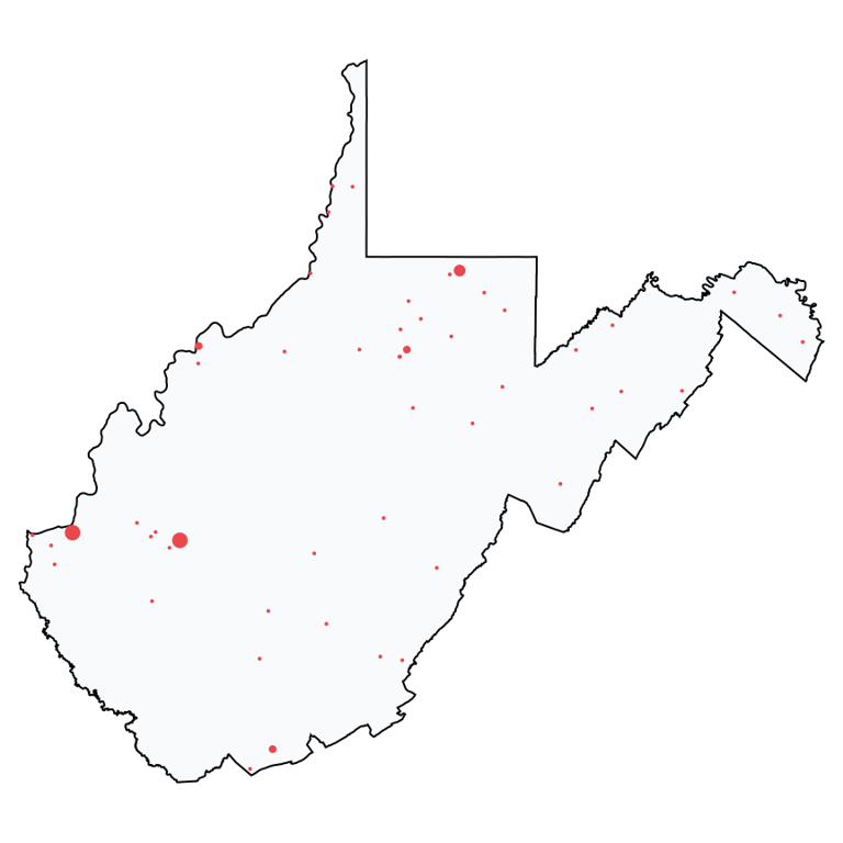 A map showing all Home Improvement Stores locations in West Virginia